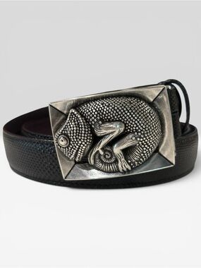 Rare Elliot Rhodes London Chameleon Buckle Glossy Carung Texture Espresso Belt